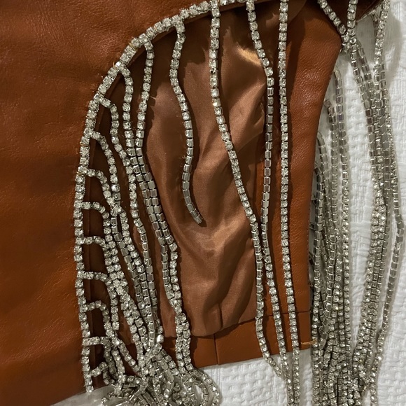 Brown leather mini skirt with embellished rainfall crystals size Small - Picture 3 of 4